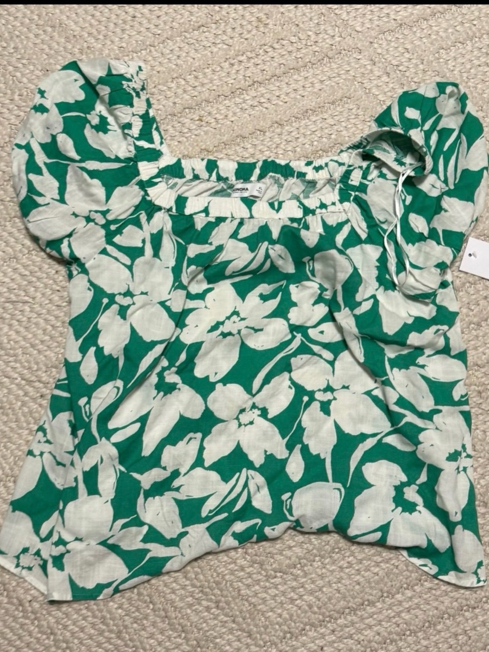 Sonoma Green and White Floral Square-Neck Blouse